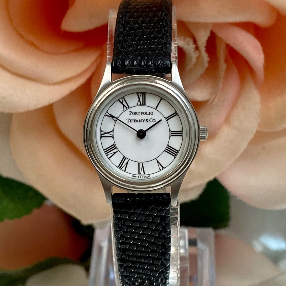 Tiffany & Co. Portfolio Ladies Stainless Steel Watch with Black Leather Strap